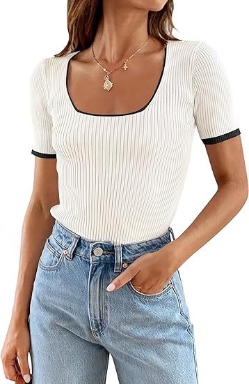 Square Collar Basic Short Sleeve T-shirt Casual All-matching Tops - Image 2