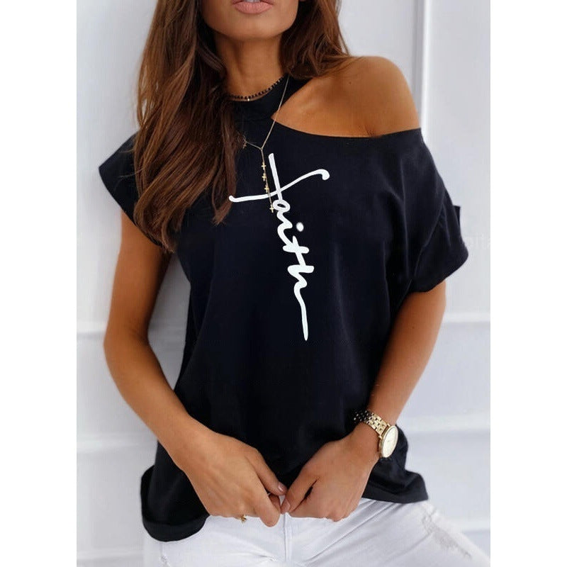 Solid color printed leaky shoulder T-shirt - Image 3
