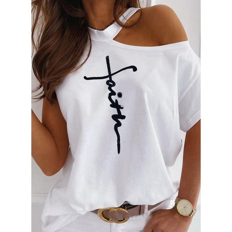 Solid color printed leaky shoulder T-shirt - Image 5