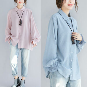 Cotton and linen stripe bottomed loose shirt