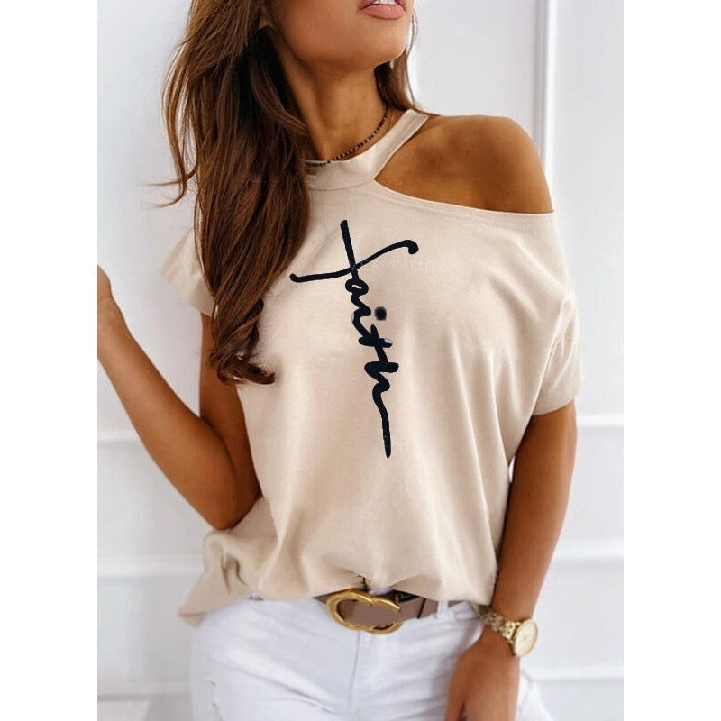 Solid color printed leaky shoulder T-shirt