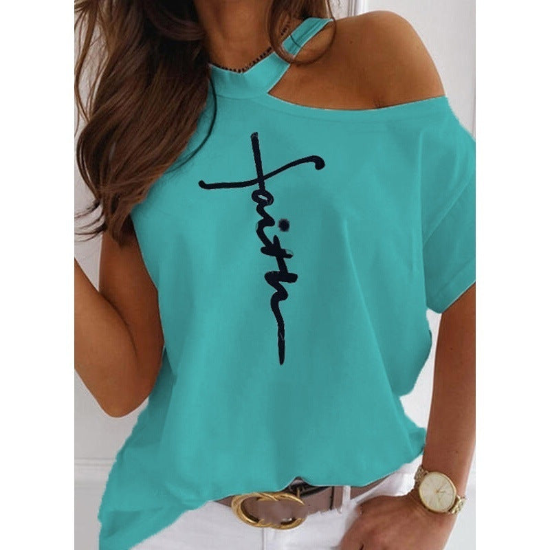 Solid color printed leaky shoulder T-shirt - Image 6