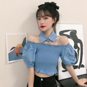 One-shoulder Short Puff Sleeve Shirt