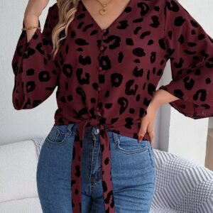 Women  Casual Leopard Print Tie Chiffon Blouse Top