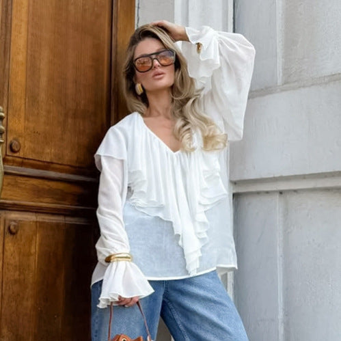 Womens Versatile White Chiffon Blouse With Long Sleeves - Image 3