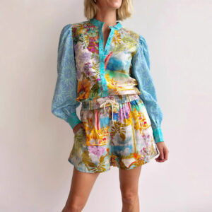 Casual Long Linen Sleeves Shirt Shorts Suit