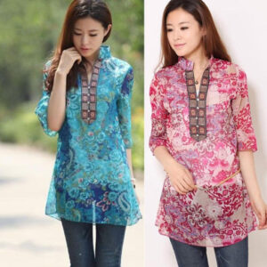National Style Chiffon 3 Quarter Sleeve Printing Blouse