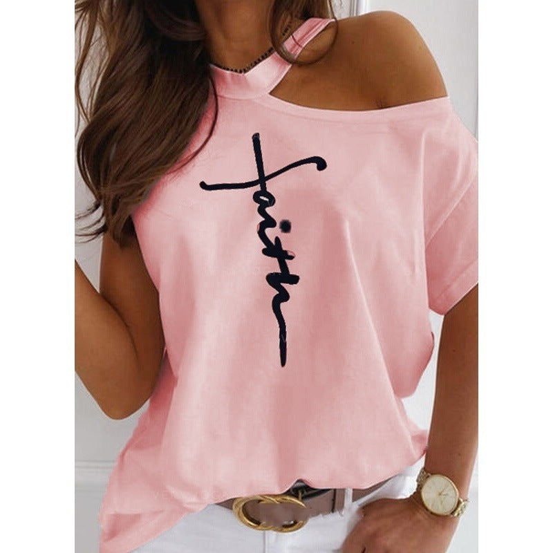 Solid color printed leaky shoulder T-shirt - Image 2