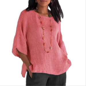 Women's Round Neck Cotton And Linen Shirt