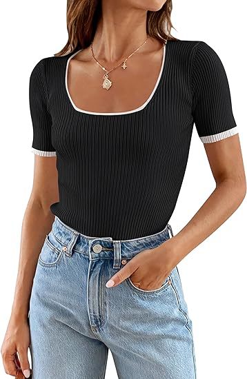 Square Collar Basic Short Sleeve T-shirt Casual All-matching Tops - Image 4