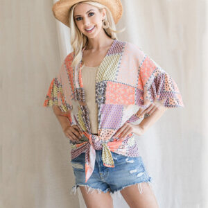 New Women's Geometric Print Colorblock Chiffon Blouse