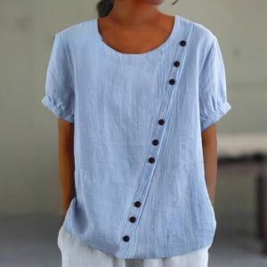 Womens Retro Cotton-Linen Short-Sleeve Shirt